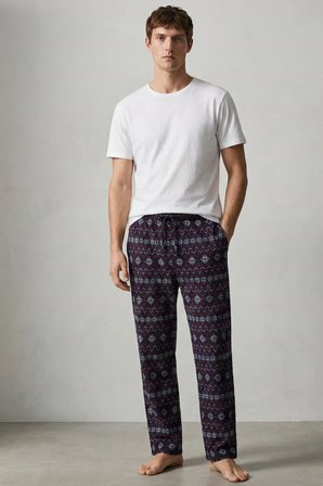 elemge %100 Pamuk Desenli Erkek Pijama Altı Interlok Kumaş Rahat Kalıp Cepli İpli Lacivert Yılbaşı Temalı