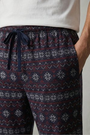 elemge %100 Pamuk Desenli Erkek Pijama Altı Interlok Kumaş Rahat Kalıp Cepli İpli Lacivert Yılbaşı Temalı