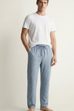 elemge Kareli Modal Elastan Erkek Pijama Altı Rahat Kalıp Regular Fit Cepli İpli Esnek Mavi-Beyaz Ekoseli