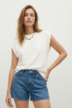 Elemge %100 Pamuk Süprem Tok Kumaş Kadın Oversize Ekru T-Shirt Geniş Omuzlu Dökümlü Kolsuz Bol Kalıp