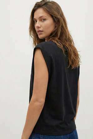Elemge %100 Pamuk Süprem Tok Kumaş Kadın Oversize Siyah T-Shirt Geniş Omuzlu Dökümlü Kolsuz Bol Kalıp