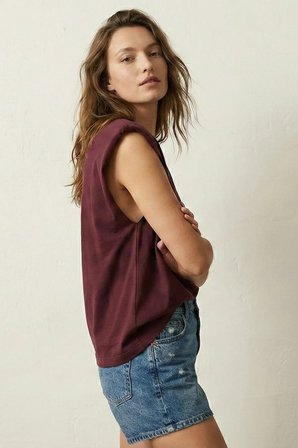 Elemge %100 Pamuk Süprem Tok Kumaş Kadın Oversize Bordo T-Shirt Geniş Omuzlu Dökümlü Kolsuz Bol Kalıp