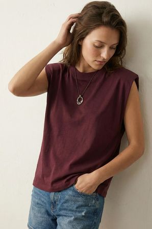 Elemge %100 Pamuk Süprem Tok Kumaş Kadın Oversize Bordo T-Shirt Geniş Omuzlu Dökümlü Kolsuz Bol Kalıp