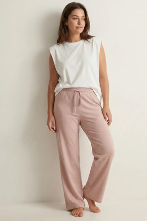 elemge %100 Pamuk Süprem Kadın Pijama Altı Bol Kalıp Compact Penye Pembe Geniş Paça Ipli Terletmez Alt
