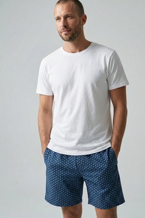 elemge Pamuk Elastan Süprem Erkek Pijama Takımı Şort & T-Shirt Rahat Kalıp Cep İnce Compact Penye Byz Mavi
