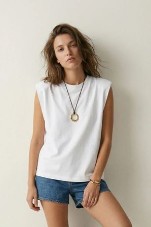 Elemge %100 Pamuk Süprem Tok Kumaş Kadın Oversize Beyaz T-Shirt Geniş Omuzlu Dökümlü Kolsuz Bol Kalıp