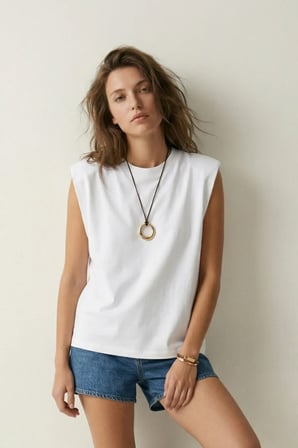 Elemge %100 Pamuk Süprem Tok Kumaş Kadın Oversize Beyaz T-Shirt Geniş Omuzlu Dökümlü Kolsuz Bol Kalıp