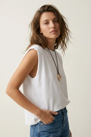 Elemge %100 Pamuk Süprem Tok Kumaş Kadın Oversize Beyaz T-Shirt Geniş Omuzlu Dökümlü Kolsuz Bol Kalıp