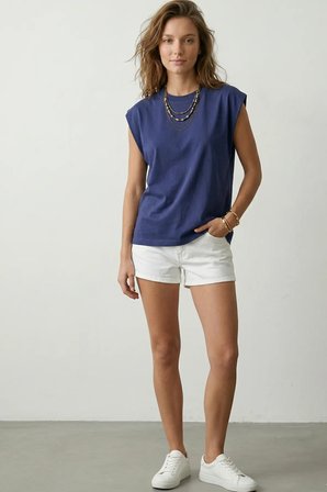Elemge %100 Pamuk Süprem Tok Kumaş Kadın Oversize İndigo T-Shirt Geniş Omuzlu Dökümlü Kolsuz Bol Kalıp