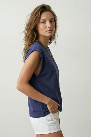 Elemge %100 Pamuk Süprem Tok Kumaş Kadın Oversize İndigo T-Shirt Geniş Omuzlu Dökümlü Kolsuz Bol Kalıp