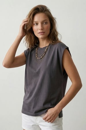 Elemge %100 Pamuk Süprem Tok Kumaş Kadın Oversize Antrasit T-Shirt Geniş Omuzlu Dökümlü Kolsuz Bol Kalıp