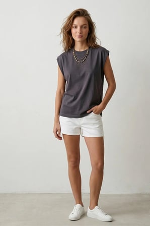 Elemge %100 Pamuk Süprem Tok Kumaş Kadın Oversize Antrasit T-Shirt Geniş Omuzlu Dökümlü Kolsuz Bol Kalıp