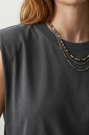 Elemge %100 Pamuk Süprem Tok Kumaş Kadın Oversize Antrasit T-Shirt Geniş Omuzlu Dökümlü Kolsuz Bol Kalıp