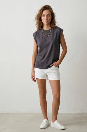 Elemge %100 Pamuk Süprem Tok Kumaş Kadın Oversize Antrasit T-Shirt Geniş Omuzlu Dökümlü Kolsuz Bol Kalıp