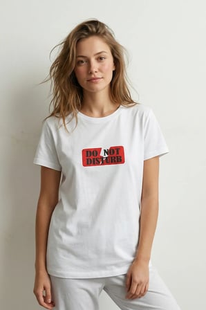 elemge %100 Pamuk Pijama Üstü T-Shirt Süprem Compact Penye Kadın Rahat Kalıp Beyaz Kısa Kol Do Not Disturb