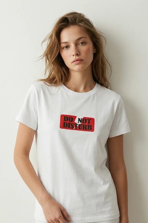 elemge %100 Pamuk Pijama Üstü T-Shirt Süprem Compact Penye Kadın Rahat Kalıp Beyaz Kısa Kol Do Not Disturb