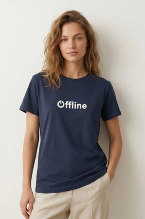 elemge %100 Pamuk Süprem Pijama Üstü T-Shirt Compact Penye Kadın Regular Fit Lacivert Kısa Kol Offline Bask