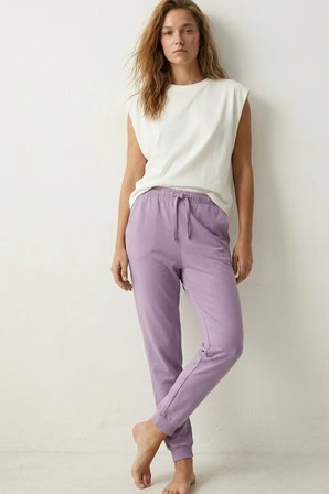 elemge %100 Pamuk Compact Penye Süprem Kadın Pijama Altı Cepli Regular Fit Manşet Paça Esnek Terletmez Lila