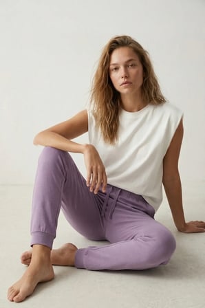 elemge %100 Pamuk Compact Penye Süprem Kadın Pijama Altı Cepli Regular Fit Manşet Paça Esnek Terletmez Lila