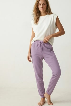 elemge %100 Pamuk Compact Penye Süprem Kadın Pijama Altı Cepli Regular Fit Manşet Paça Esnek Terletmez Lila