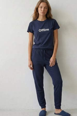 elemge %100 Pamuk Compact Tok Penye Süprem Kadın 2'li Pijama Takımı Rahat Kalıp Kısa Kol Cepli İpli Lacvert