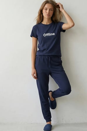 elemge %100 Pamuk Compact Tok Penye Süprem Kadın 2'li Pijama Takımı Rahat Kalıp Kısa Kol Cepli İpli Lacvert