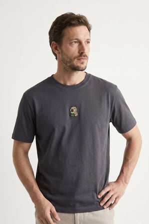 elemge %100 Pamuk Compact Penye Süprem Kapipara Nakışlı Trend Fit Erkek Tok Kumaş T-Shirt Rahat Kesim Antrasit