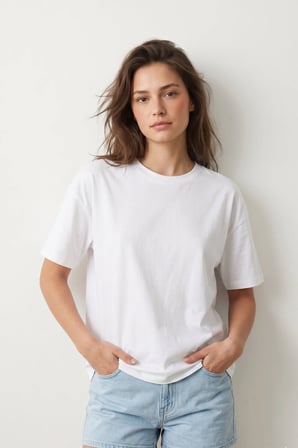 elemge %100 Pamuk Süprem Kadın Boxy Fit Beyaz T-Shirt Bol Kesim Düşük Omuzlu Bisiklet Yaka Tişört