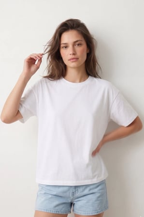 elemge %100 Pamuk Süprem Kadın Boxy Fit Beyaz T-Shirt Bol Kesim Düşük Omuzlu Bisiklet Yaka Tişört
