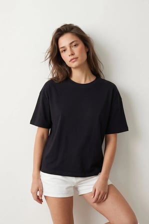 elemge %100 Pamuk Süprem Tok Kumaş Kadın Boxy Fit Siyah T-Shirt Bol Kesim Düşük Omuzlu Bisiklet Yaka Tişört