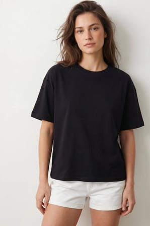 elemge %100 Pamuk Süprem Tok Kumaş Kadın Boxy Fit Siyah T-Shirt Bol Kesim Düşük Omuzlu Bisiklet Yaka Tişört
