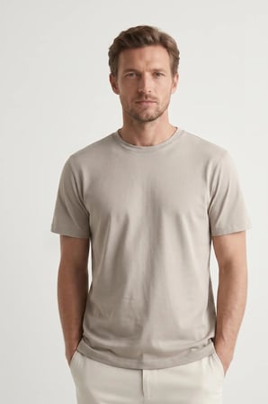 Elemge Pamuk Likra Vücuda Oturan Magic Fit Bej Erkek T-Shirt Compact Penye Kısa Kol Esnek Tişört Elastan