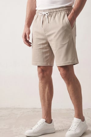 Elemge Erkek Bej Pike Dokulu Kumaş Rahat Kalıp Beli İpli Şort Günlük Basic Regular Fit Cepli Normal Bel Esnek Bermuda