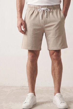 Elemge Erkek Bej Pike Dokulu Kumaş Rahat Kalıp Beli İpli Şort Günlük Basic Regular Fit Cepli Normal Bel Esnek Bermuda