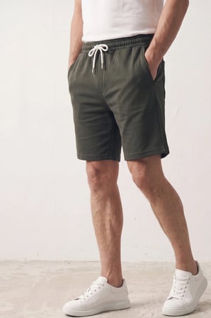 Elemge Erkek Haki Dokulu Kumaş Rahat Kalıp Beli İpli Şort Günlük Basic Regular Fit Cepli Normal Bel Esnek Bermuda