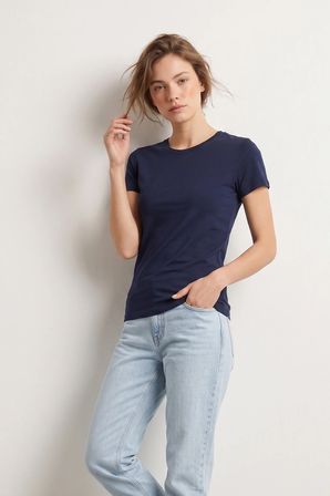 Elemge %95Pamuk %5Likra Vücuda Oturan Magic Fit Lacivert Kadın Stretch T-Shirt Compact Penye Kısa Kol Esnek Basic Tişört Elastan