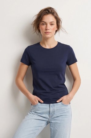 Elemge %95Pamuk %5Likra Vücuda Oturan Magic Fit Lacivert Kadın Stretch T-Shirt Compact Penye Kısa Kol Esnek Basic Tişört Elastan
