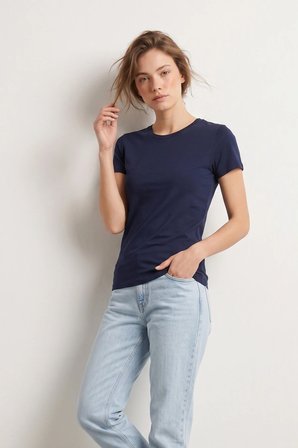 Elemge %95Pamuk %5Likra Vücuda Oturan Magic Fit Lacivert Kadın Stretch T-Shirt Compact Penye Kısa Kol Esnek Basic Tişört Elastan