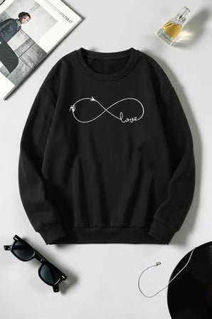 Unisex Sonsuz Aşk Baskılı Bisiklet Yaka Sweatshirt