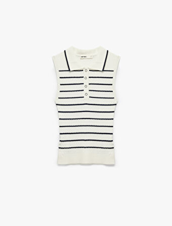 Yarım Düğmeli Polo Yaka Triko Kolsuz Bluz