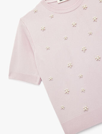 İnci Detaylı Çiçekli Kısa Kollu Bisiklet Yaka Triko Kazak