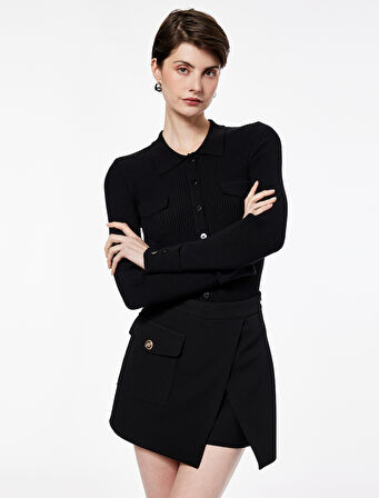 Aplike Detaylı Uzun Kollu Düğmeli Polo Yaka Triko Kazak