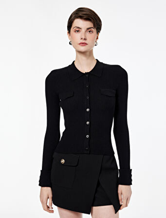 Aplike Detaylı Uzun Kollu Düğmeli Polo Yaka Triko Kazak