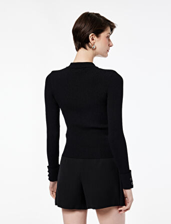 Aplike Detaylı Uzun Kollu Düğmeli Polo Yaka Triko Kazak