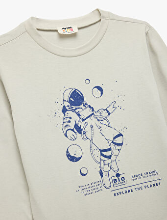 Pamuklu Baskılı Bisiklet Yaka Uzun Kollu Tişört