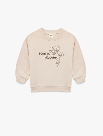 Şardonlu Uzun Kollu Bisiklet Yaka Nakışlı Pamuklu Sweatshirt
