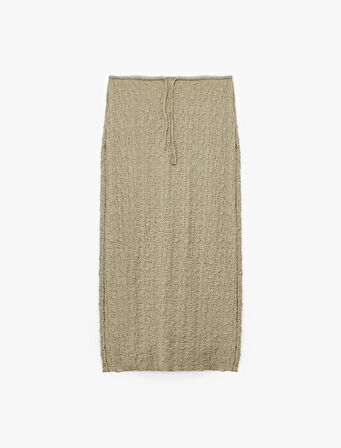 Beli Bağcıklı Slim Fit Bürümcük Kumaş Dokulu Midi Kalem Etek