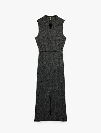 Slim Fit Parıltılı Kemerli Kolsuz Dik Yaka Midi Boy Kalem Elbise