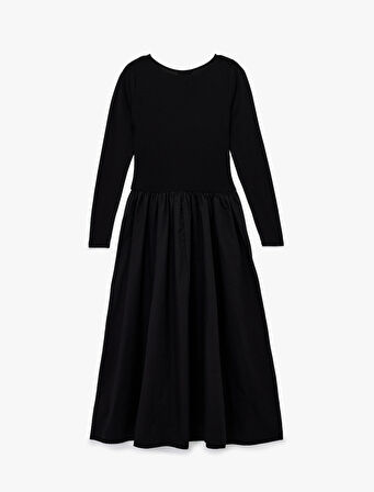 Pamuklu Slim Fit Uzun Kollu Bisiklet Yaka Çan Kesim Midi Boy Elbise