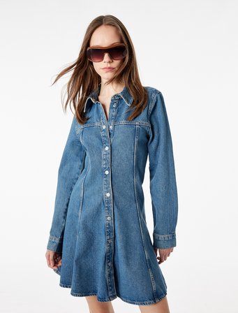 Pamuklu Uzun Kollu Klasik Yaka Düğmeli Volanlı Mini Denim Elbise